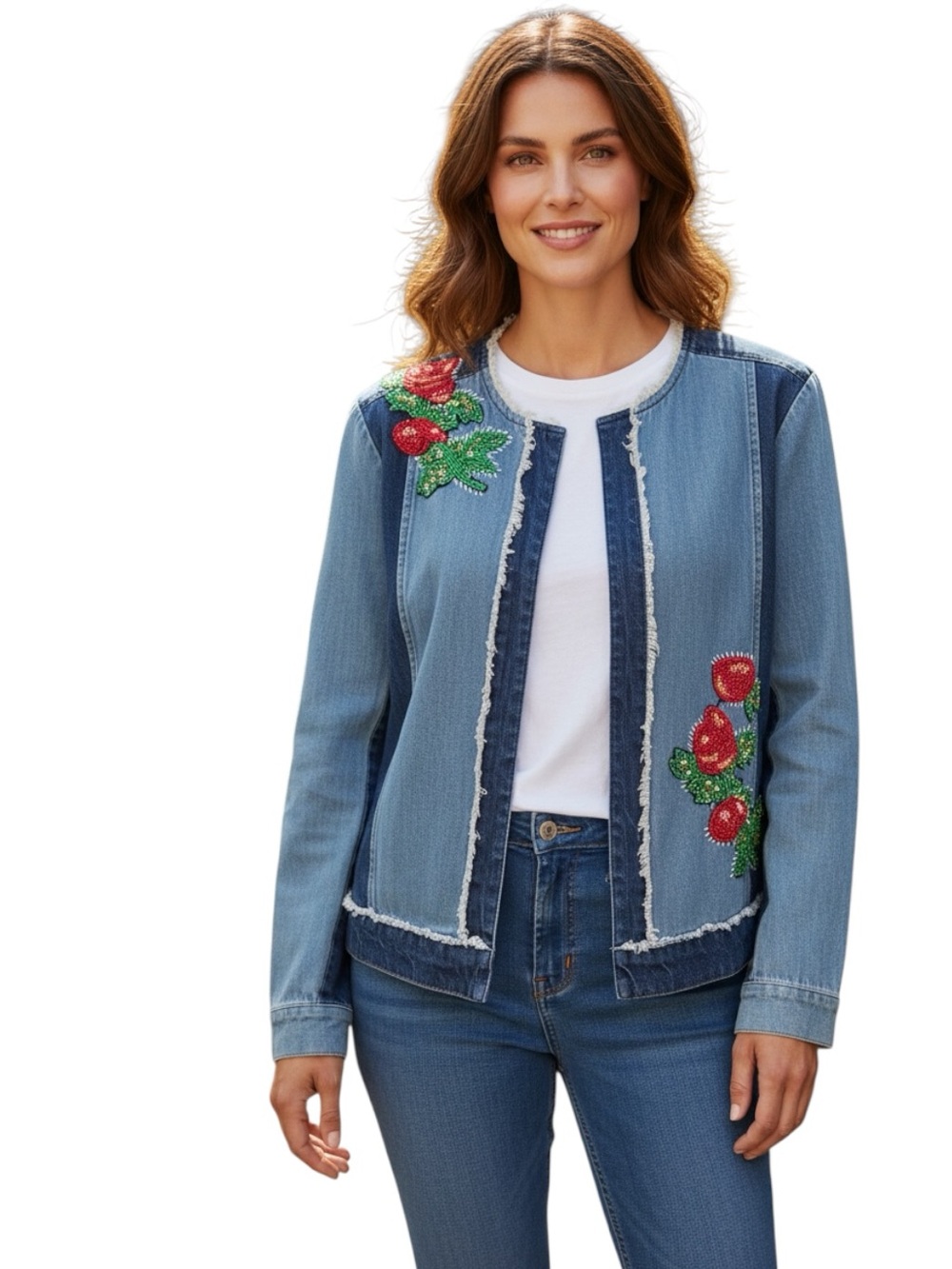 Denim Beaded Floral frayed edge open front jacket. SZ.XL